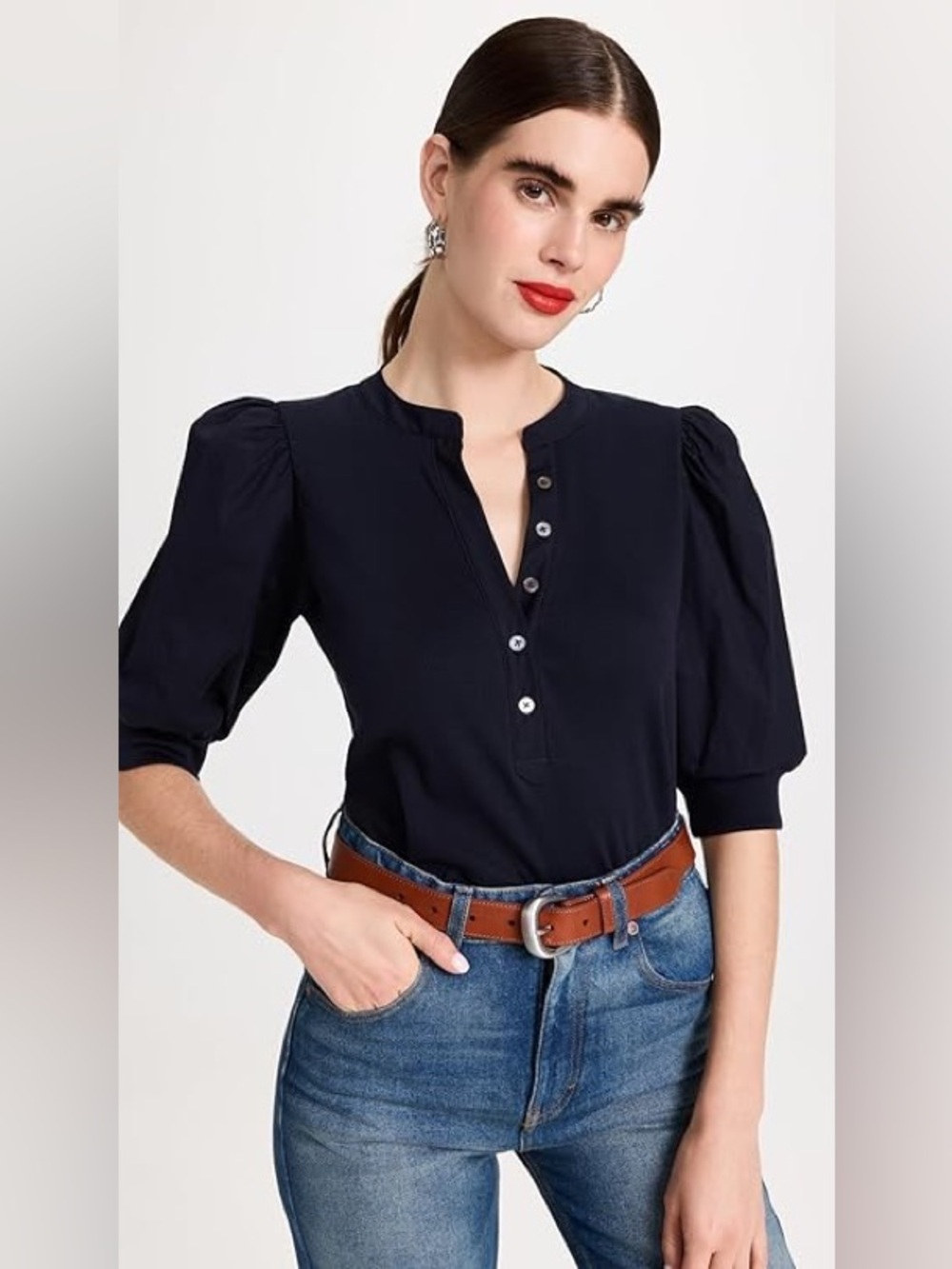 Veronica Beard navy Coralee puffed sleeve top - Picture 2 of 8